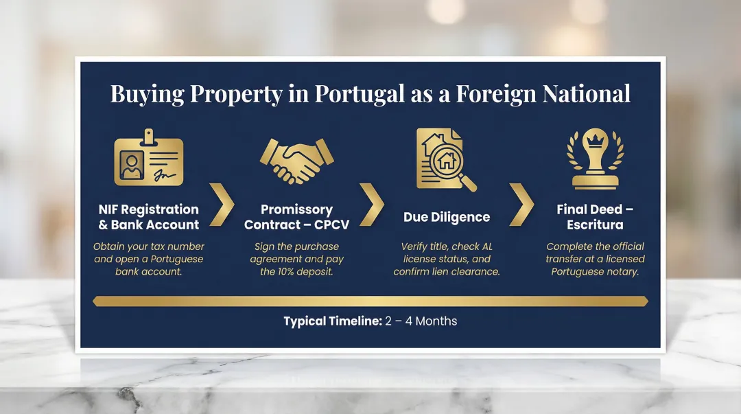 4-step Portugal luxury villa purchase process for foreign buyers timeline infographic