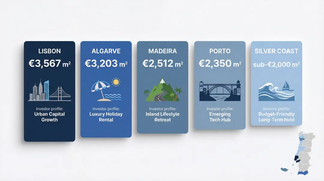Portugal investment regions comparison table with median price per square meter and best use cases