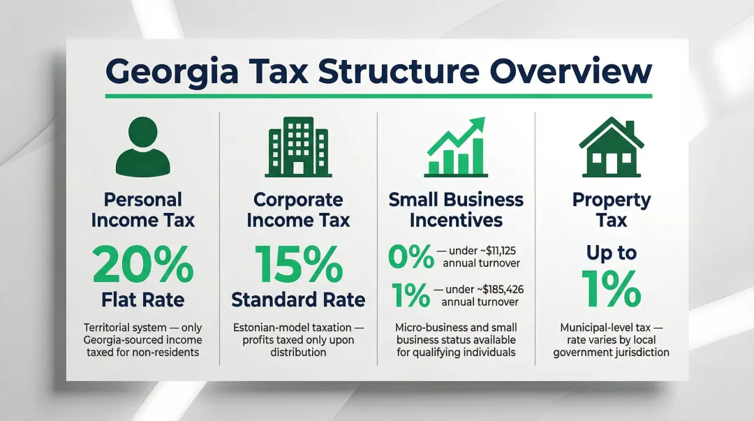 Georgia 2026 tax rate structure comparison personal corporate VAT and property rates