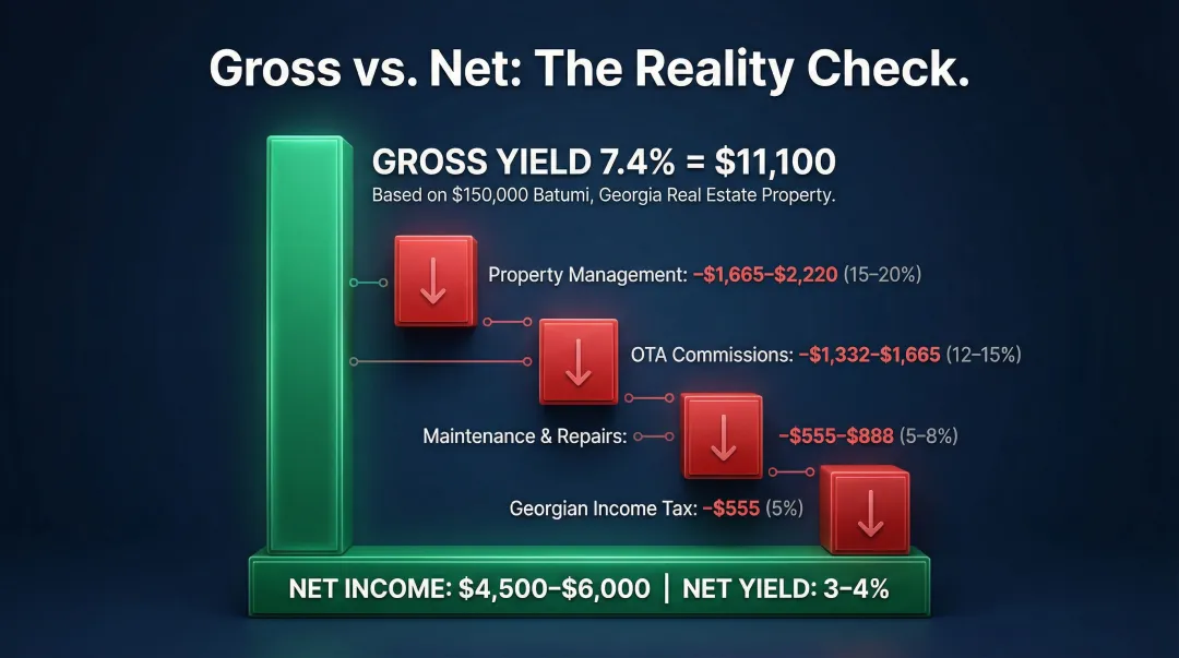 Batumi rental property gross yield versus net yield breakdown waterfall cost infographic