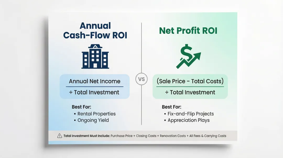 Two real estate ROI calculation methods comparison chart with formulas