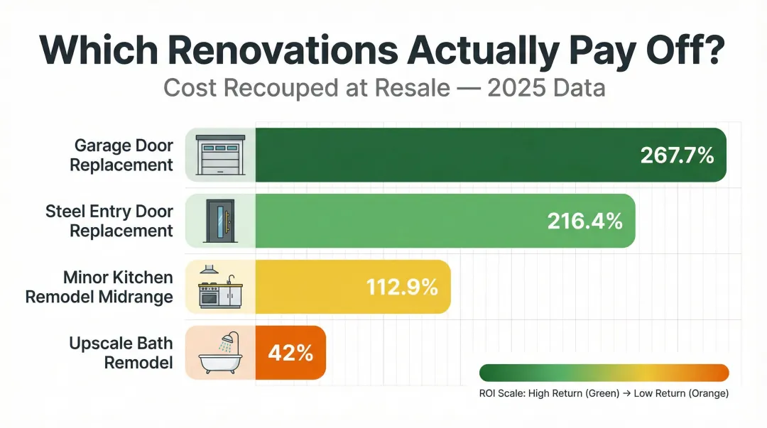 Value-add renovation ROI recoup percentages ranked from highest to lowest return