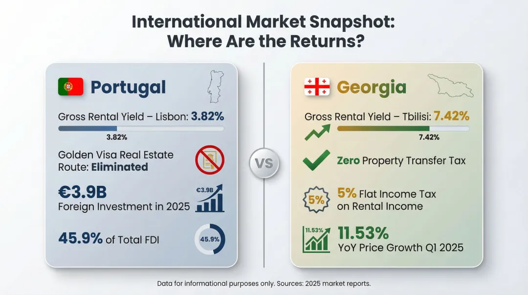 Portugal versus Georgia real estate investment metrics side-by-side comparison infographic