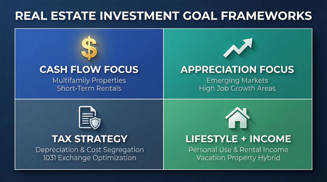 Four real estate investment goal frameworks comparison infographic for portfolio building