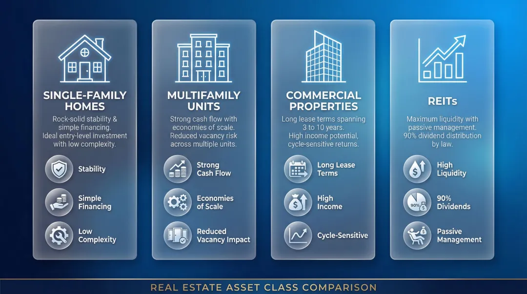 Four real estate asset class comparison infographic single-family multifamily commercial REITs