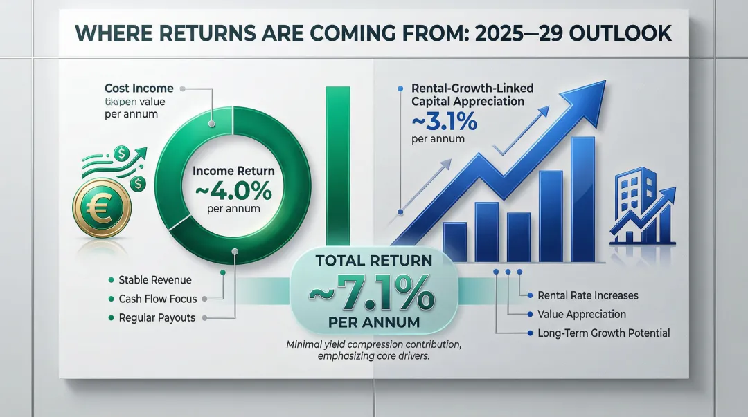 European residential investment total return breakdown income versus capital appreciation 2025 to 2029