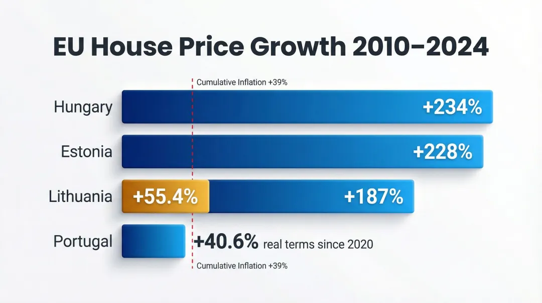 European house price appreciation by country 2010 to 2024 percentage comparison chart