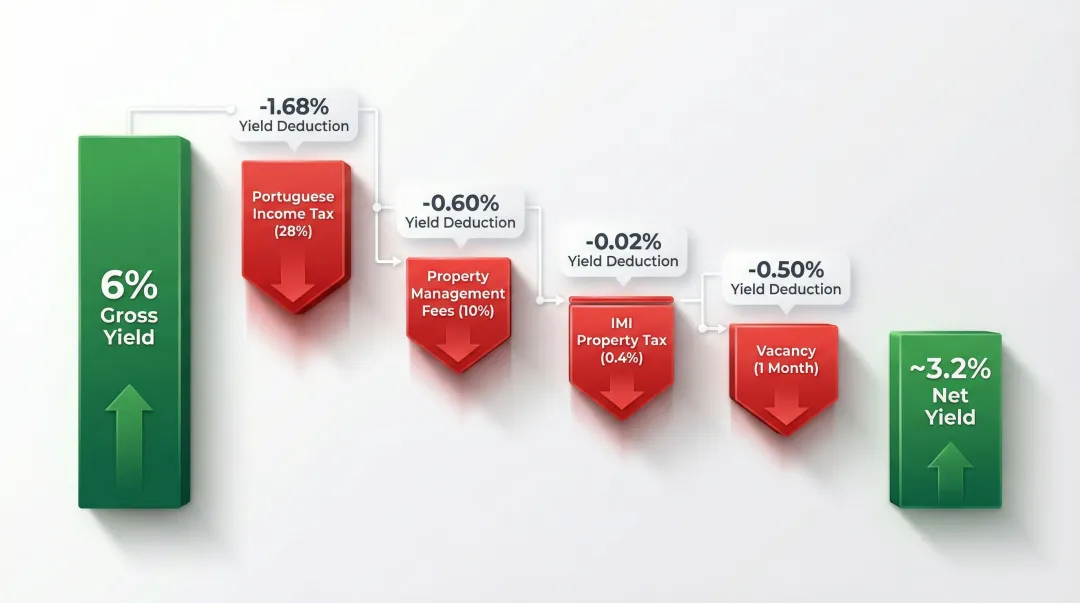 Gross to net rental yield waterfall breakdown showing cost deductions European property