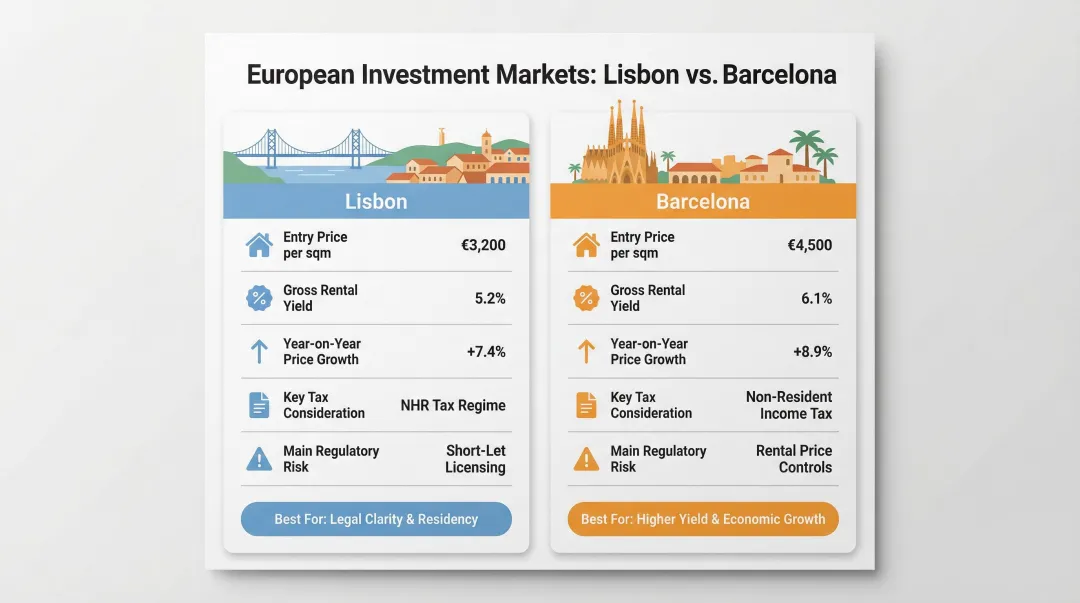 Lisbon versus Barcelona property investment comparison yield price regulation side by side