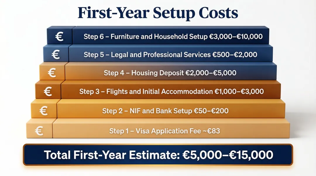 First-year Portugal relocation setup costs breakdown for American retirees infographic