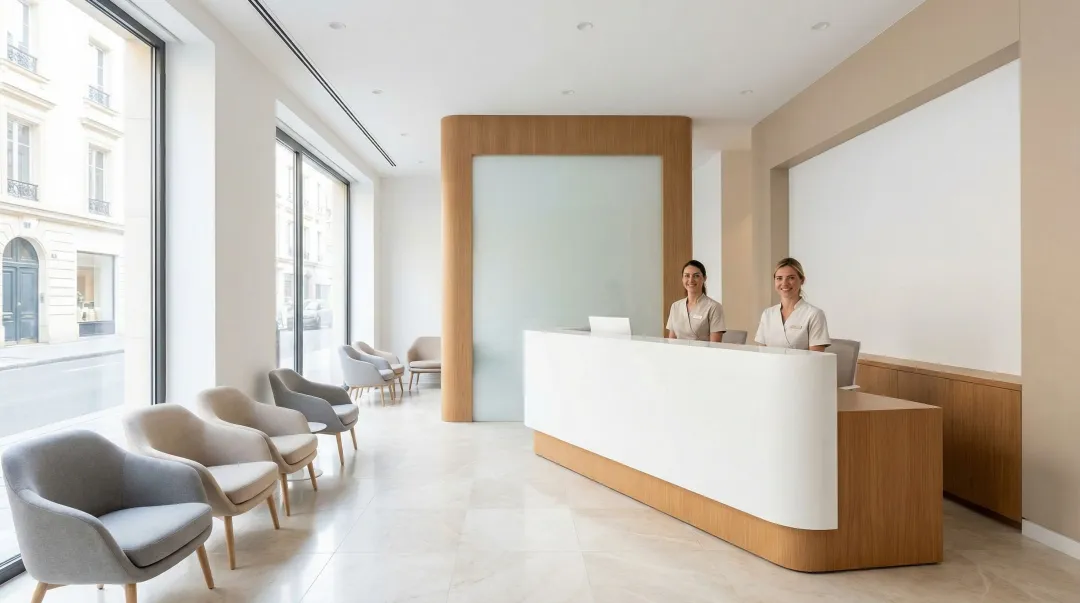 Modern private hospital reception area with English-speaking staff assisting international patients