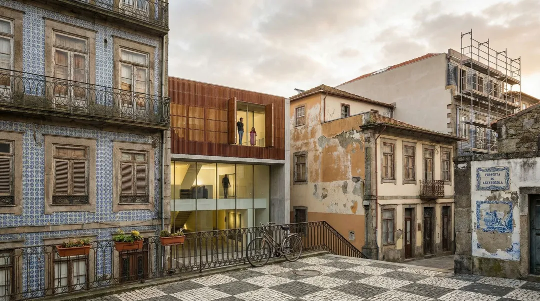 Porto Portugal historic urban neighborhood street with modern renovation and residential buildings