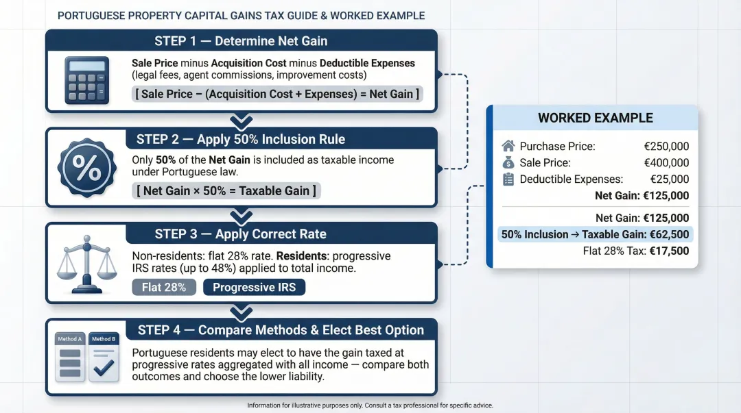 Four-step Portugal capital gains tax calculation process with worked example