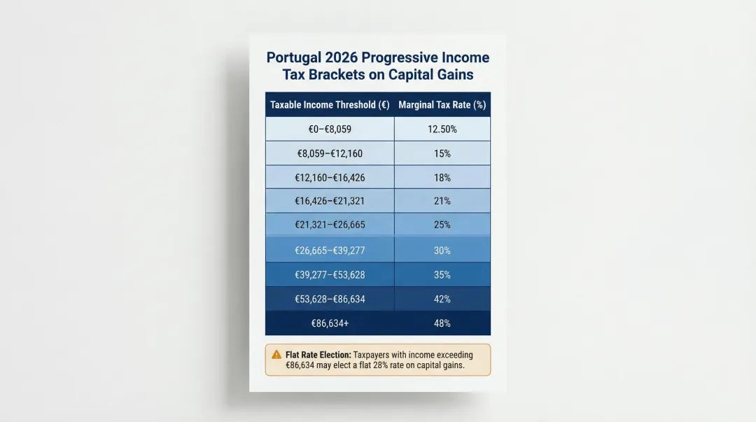 Portugal 2026 progressive income tax rate brackets table for CGT residents
