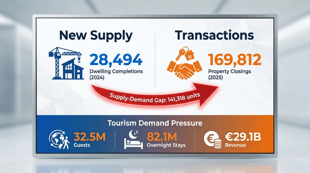 Portugal housing supply gap showing 28494 completions versus 169812 transactions in 2025