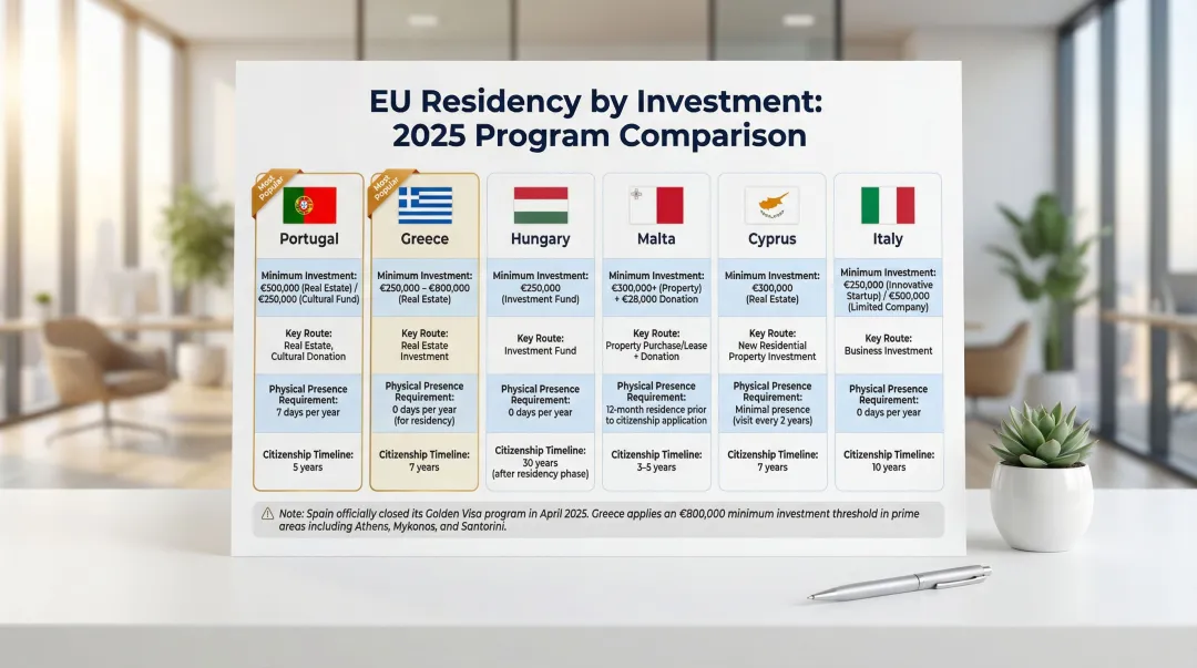 2025 EU Golden Visa programs comparison table six countries investment minimums and timelines