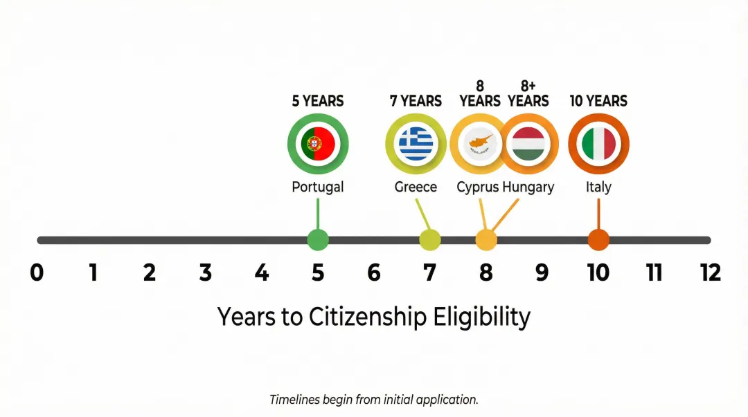 EU citizenship timeline comparison five countries years from residency to passport