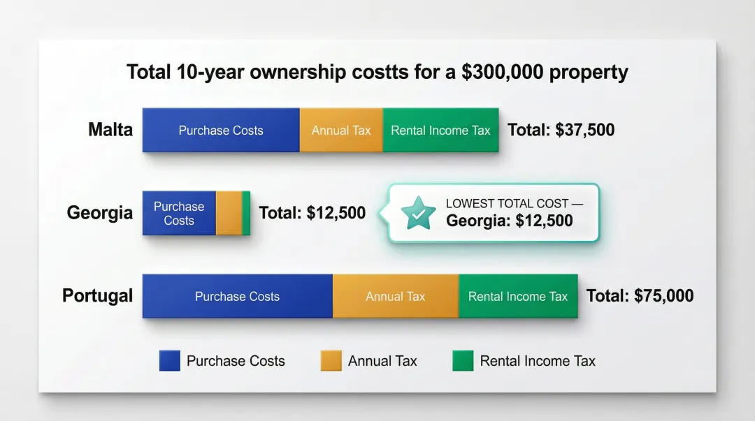 Malta Georgia Portugal 10-year total property ownership cost comparison bar chart
