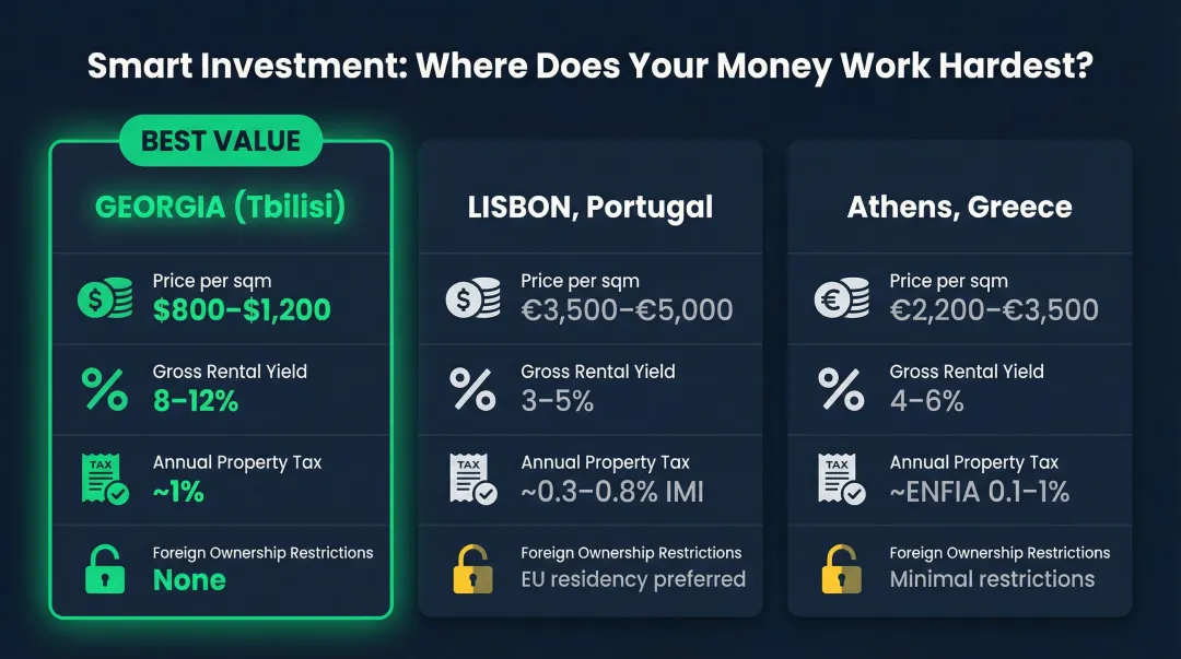 Georgia versus Western Europe property investment metrics comparison infographic