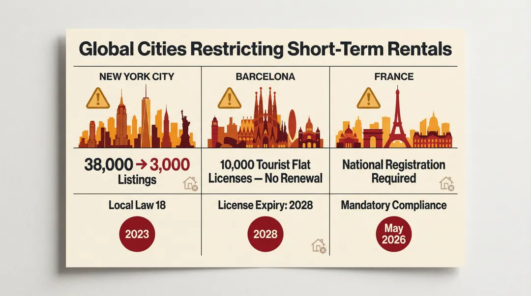 Short-term rental regulatory restrictions in New York Barcelona and France comparison