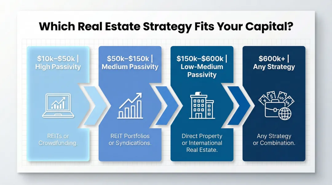 Real estate passive income strategy selection guide by capital level and involvement tier