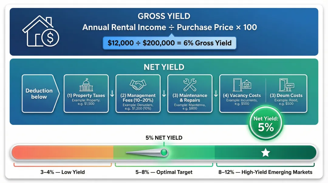 Gross versus net rental yield calculation breakdown for international property investors