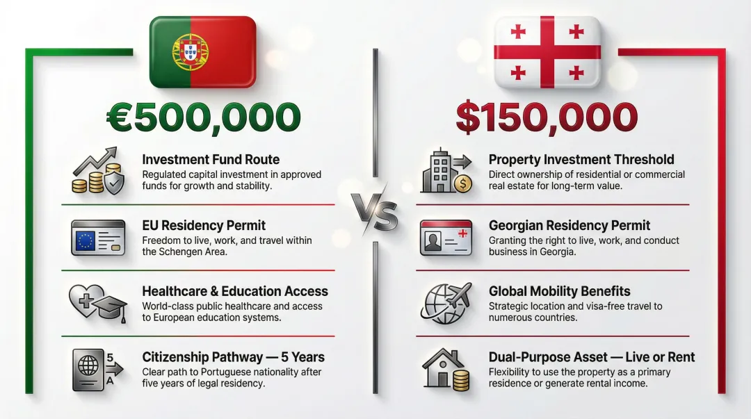 Portugal and Georgia residency-by-investment thresholds and benefits comparison infographic
