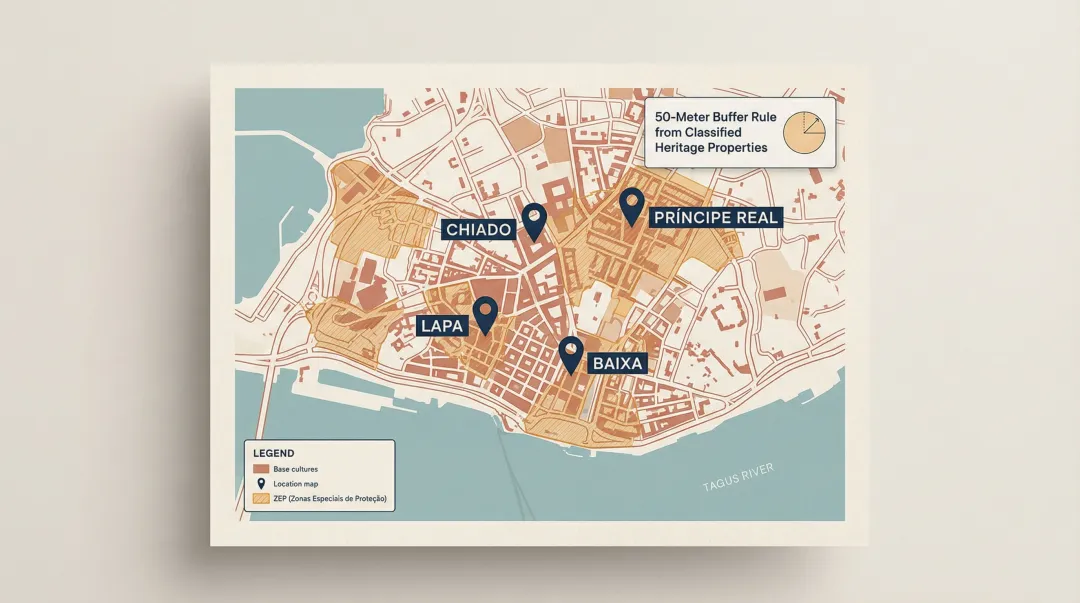 Lisbon heritage protection zones map showing ZEP restricted construction areas