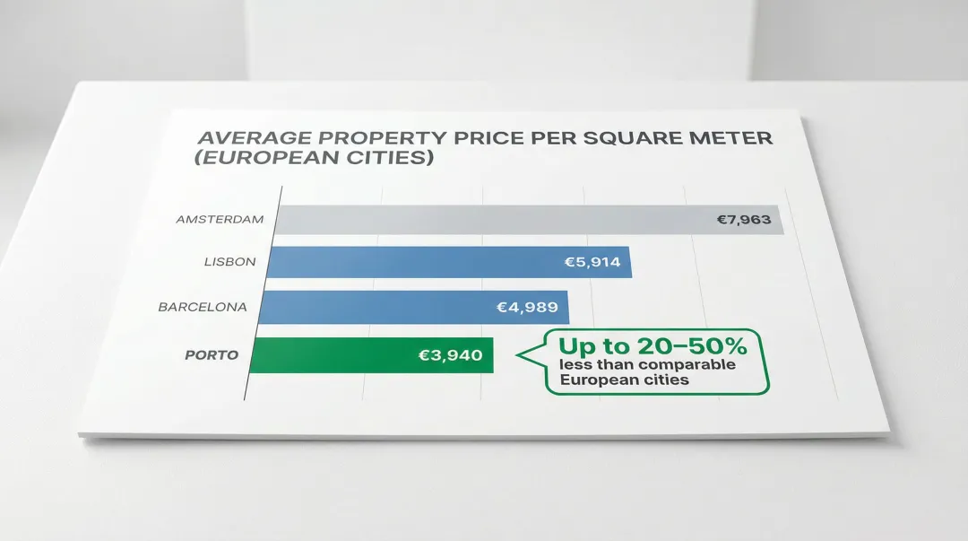 Porto versus European city property price per square meter comparison infographic