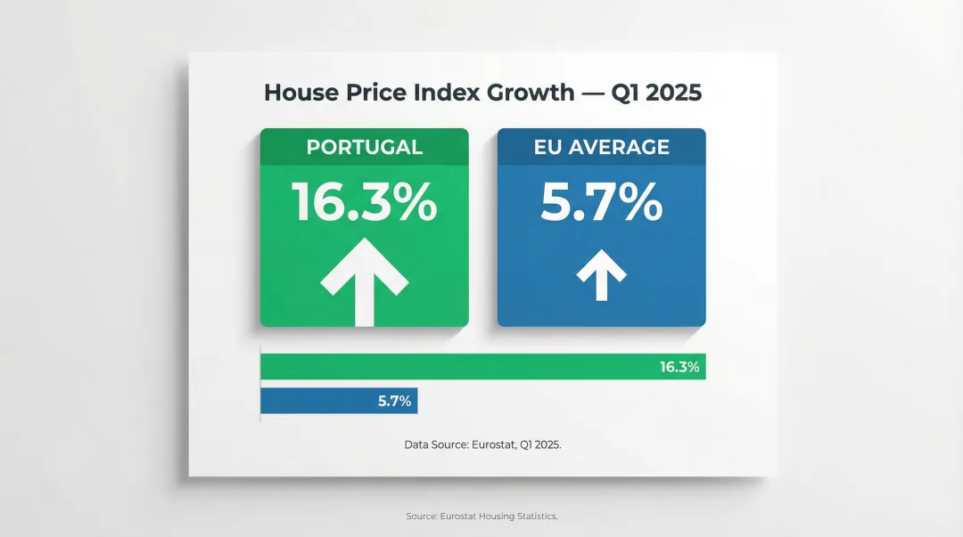 Portugal versus EU average house price growth 16.3 percent versus 5.7 percent comparison