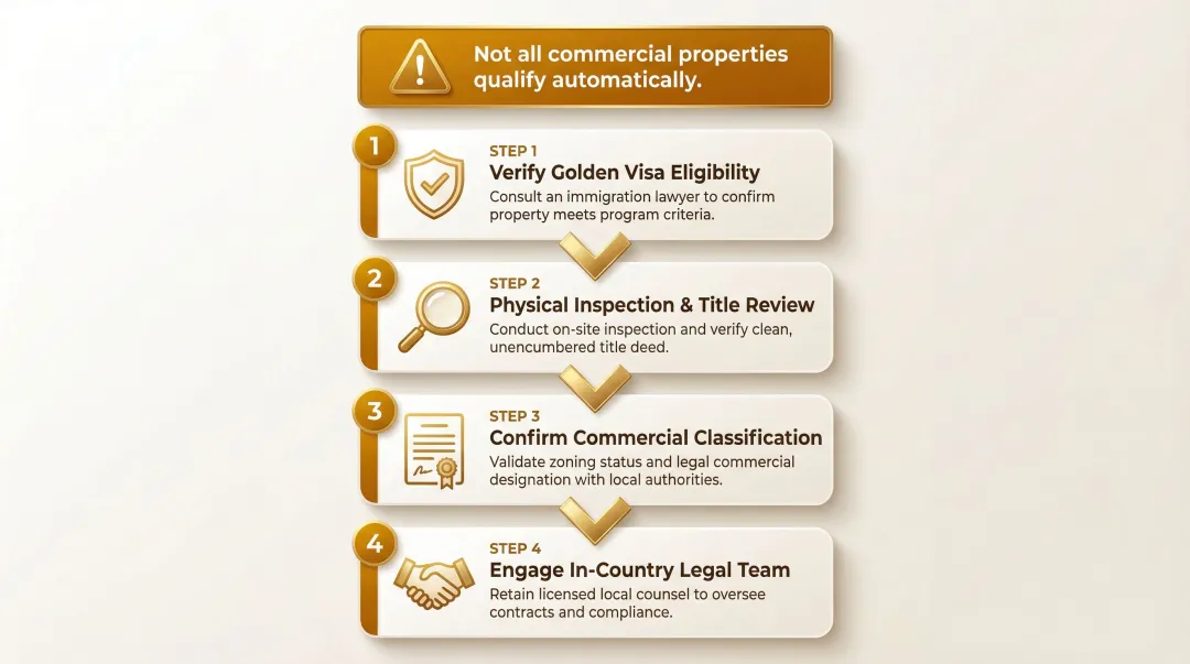 Four-step Portugal Golden Visa real estate due diligence process checklist infographic