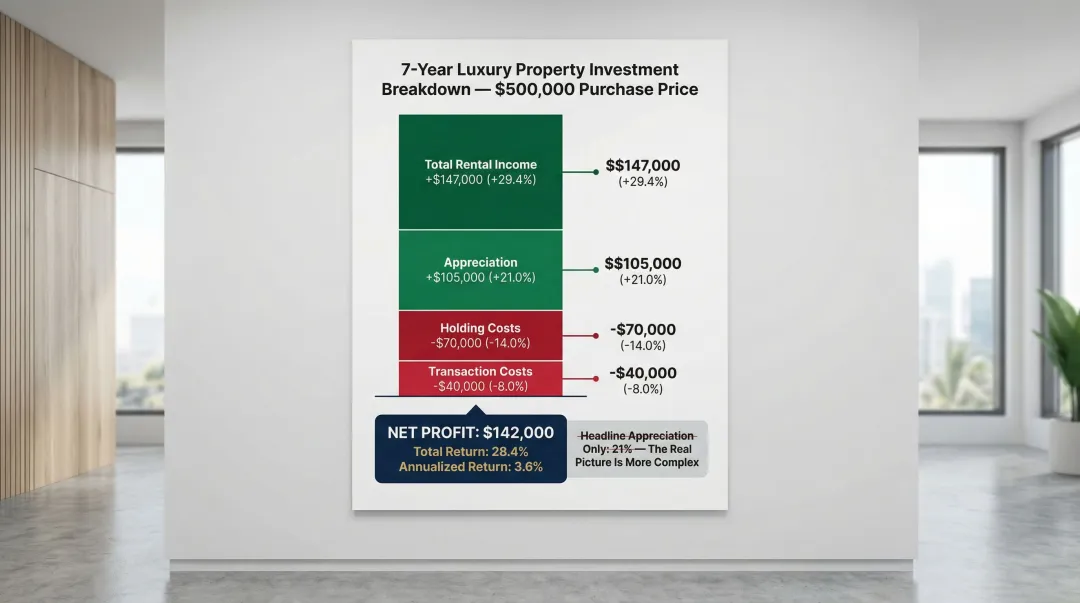 7-year luxury property total return model breaking down ROI components