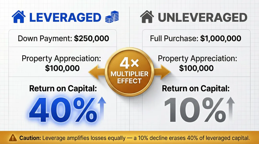 Leveraged versus unleveraged luxury real estate ROI comparison side-by-side infographic