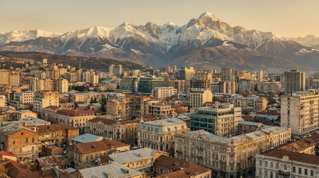 Georgia Tbilisi cityscape overlooking modern and historic districts with Caucasus mountains