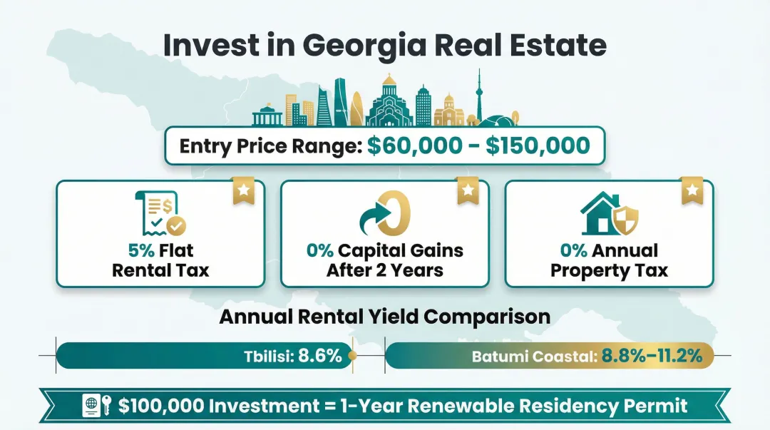 Georgia real estate investment snapshot showing yields taxes and residency pathway