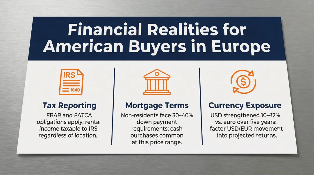 Three financial considerations for US citizens buying property in Europe infographic