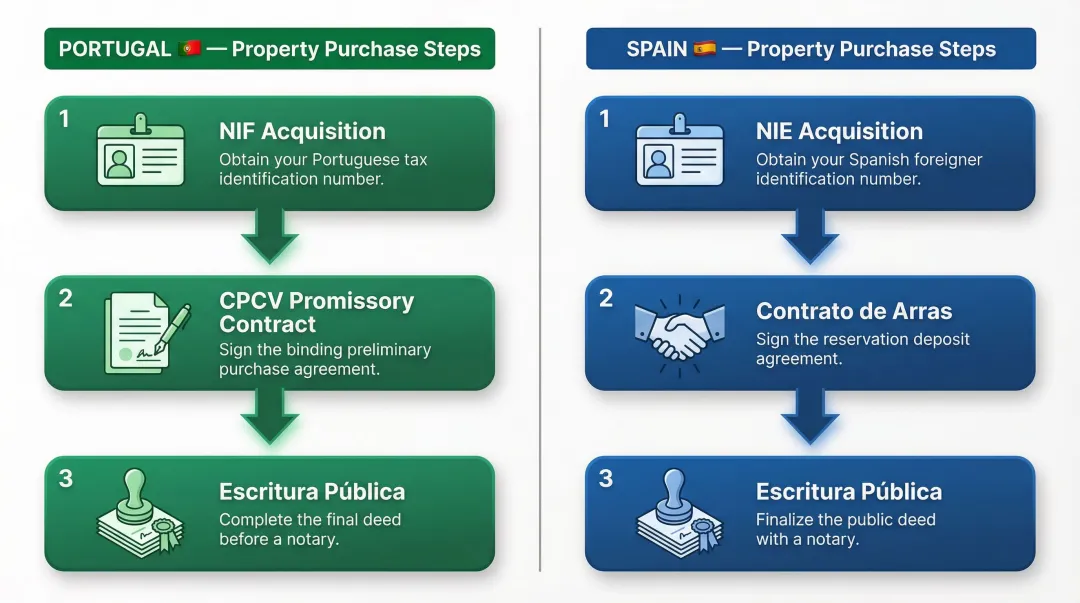 Portugal versus Spain property purchase legal steps side-by-side comparison infographic