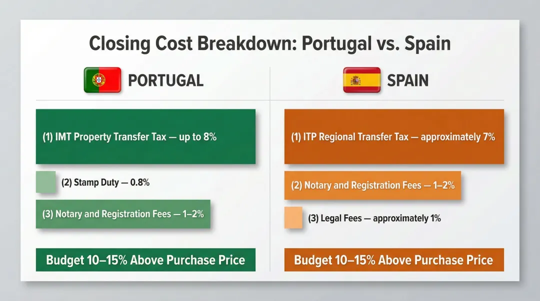 Portugal versus Spain property purchase transaction costs breakdown comparison chart