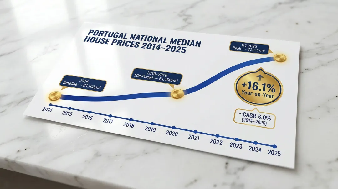 Portugal real estate price appreciation timeline 2014 to 2025 compounding growth