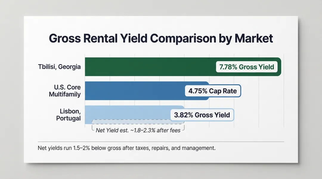 Gross rental yield comparison Tbilisi Lisbon versus US multifamily cap rates bar chart