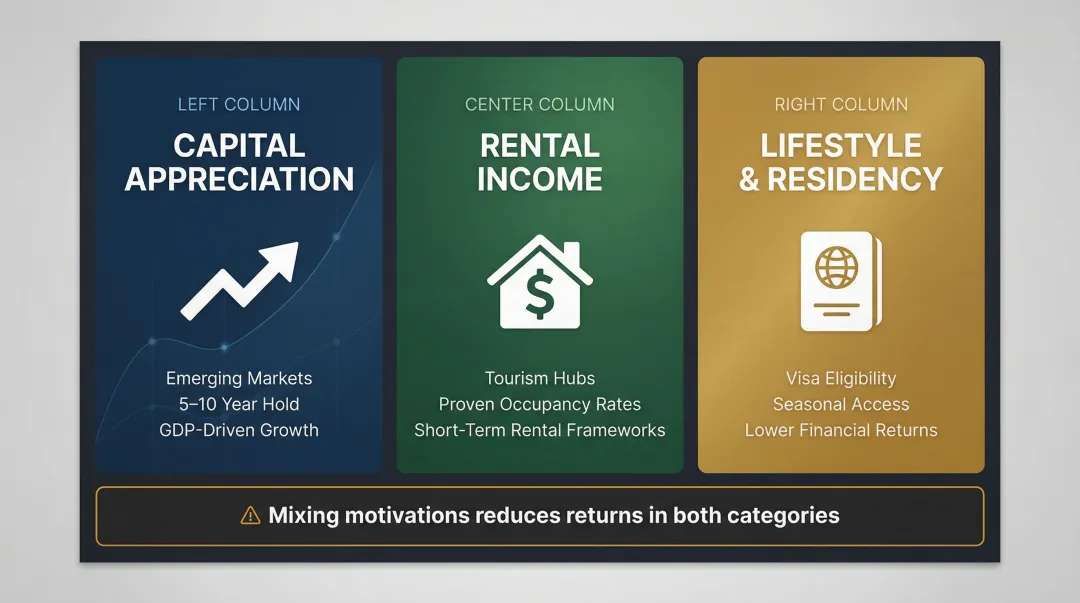Three international real estate investor goal types comparison infographic