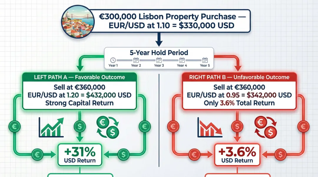 Currency fluctuation impact on international real estate returns USD EUR example