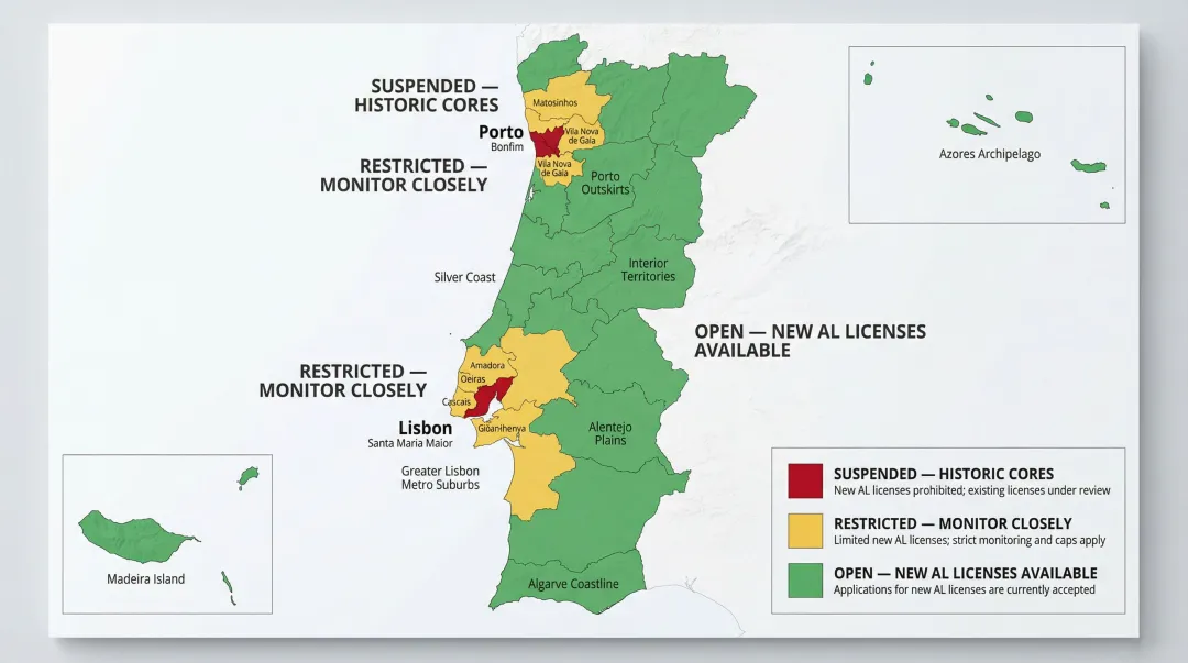 Portugal AL license regional map showing open restricted and exempt zones for investors