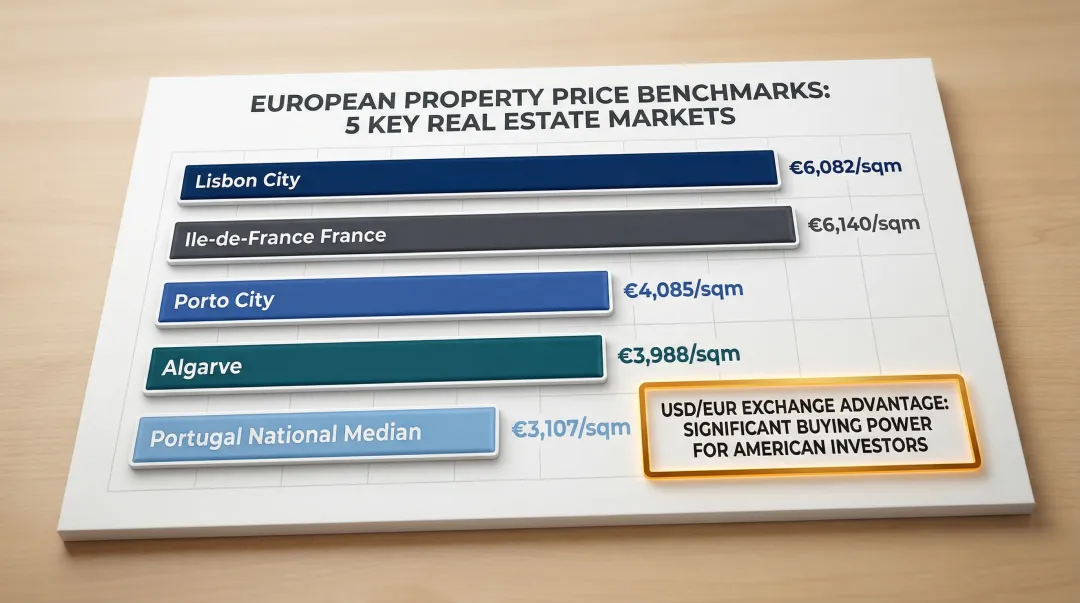 Portugal regional property price comparison versus France Spain per square meter