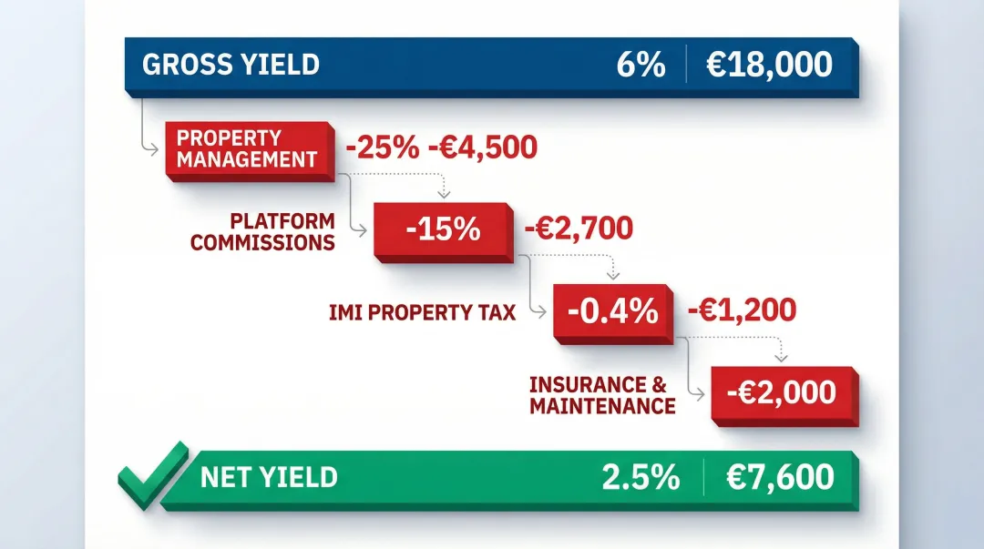 Vacation rental gross to net yield breakdown showing cost deductions on 6 percent return