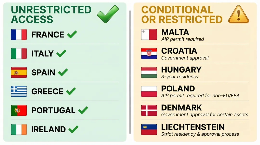 European country property access comparison chart for American buyers