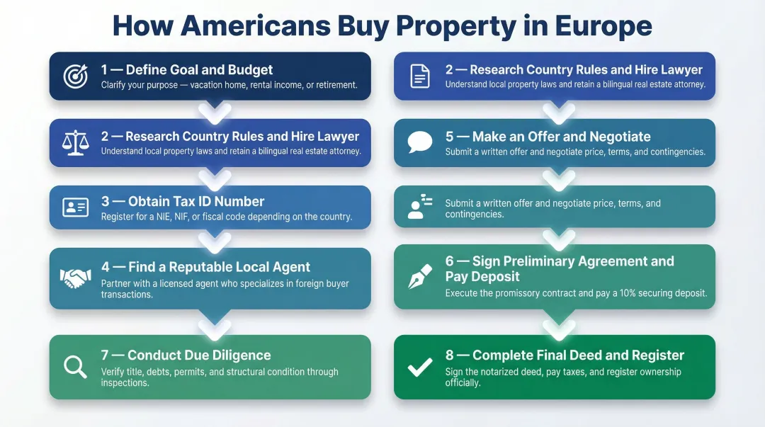 8-step European property buying process for Americans from goal-setting to ownership registration