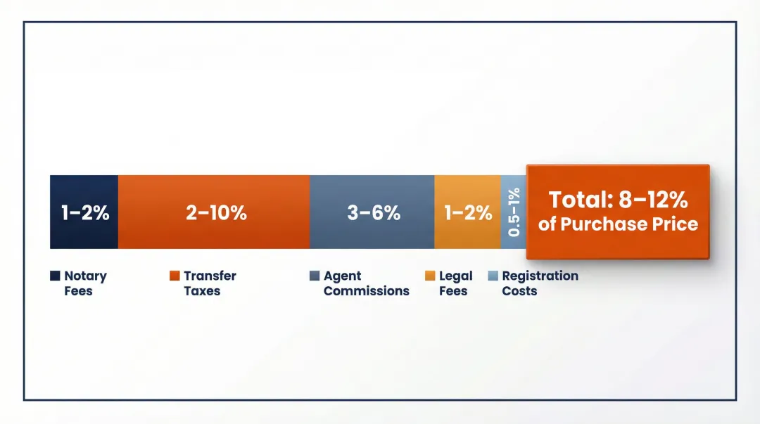 European property transaction cost breakdown showing fees taxes and total percentage range