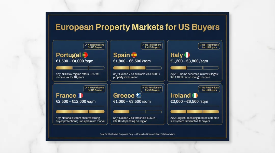 Six European real estate markets compared by price range and buyer restrictions