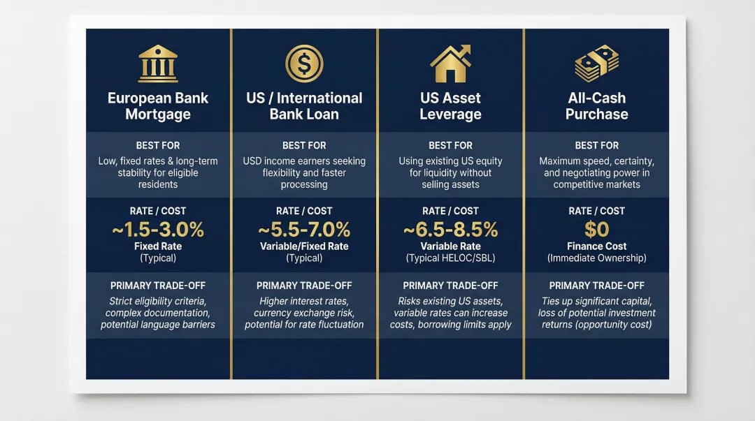 Four European property financing options comparison chart for American buyers